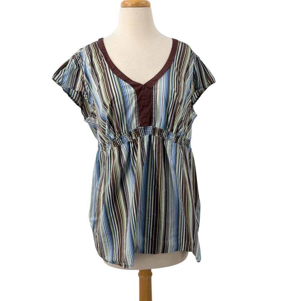 Motherhood Maternity Top Blue Green Brown Striped Empire Waist Cap Sleeve XL